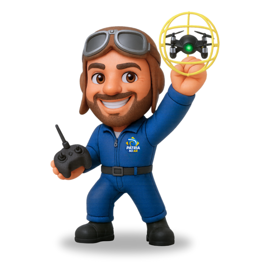 Mascote do Pátria no Ar segurando uma droneball amarela e um controle remoto, simbolizando o esporte Drone Soccer.
