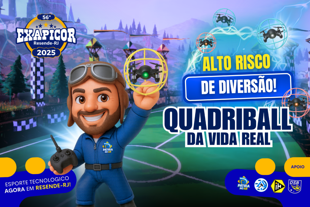 Banner promocional do Pátria no Ar na EXAPICOR 2025 em Resende-RJ, apresentando o Drone Soccer como esporte tecnológico divertido, com mascote segurando droneball.