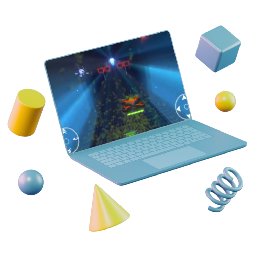 Computador portátil em perspectiva exibe, na tela, um simulador de voo de drone com interface de controle, cercado por formas geométricas coloridas em 3D.