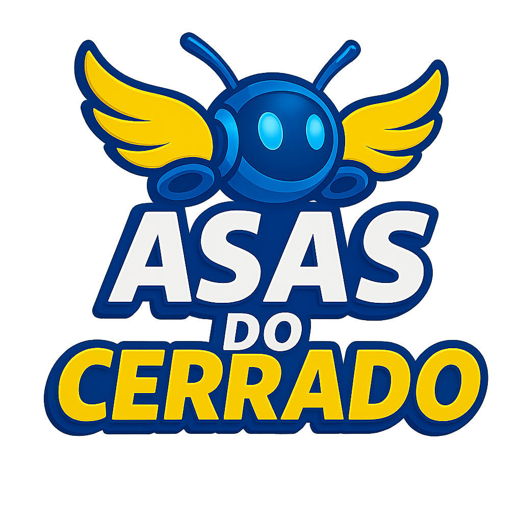 Logo 3D do projeto Asas do Cerrado: ícone estilizado em azul com asas amarelas e o texto “ASAS DO CERRADO” em tipografia moderna.