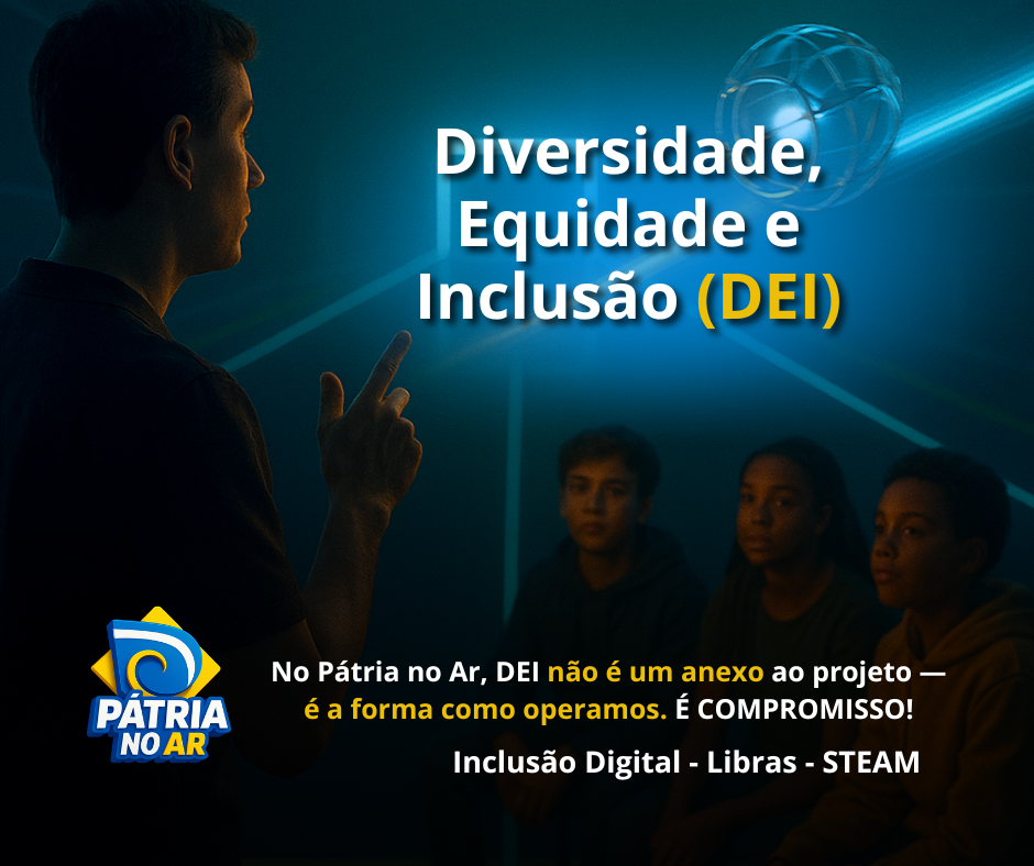 Arena Drone Soccer: intérprete de Libras orienta adolescentes; Drone Ball cruza a arena com rastro de luz rumo ao gol; DEI, inclusão digital e STEAM — Pátria no Ar.
