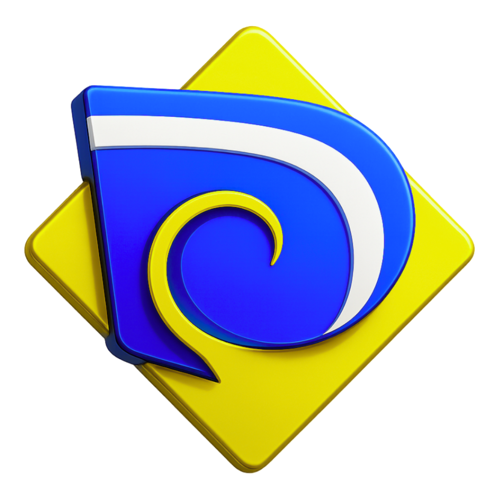 Logomarca 3D “PÁTRIA NO AR” em azul, branco e amarelo, com emblema estilizado sobre losango amarelo.