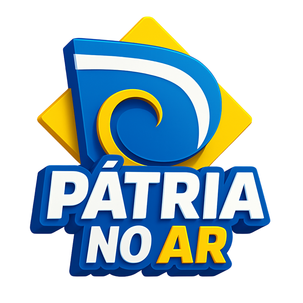 Logo 3D do Pátria no Ar: símbolo abstrato em azul e amarelo com o texto “PÁTRIA NO AR” em tipografia moderna.
