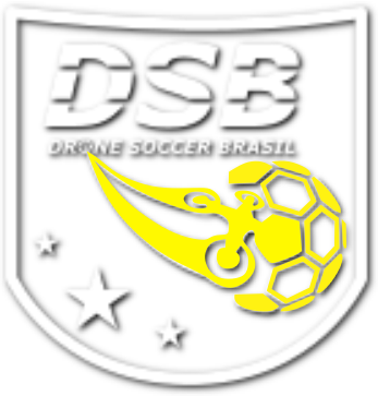 Logo em forma de escudo com as letras “DSB” em cinza escuro na parte superior, o texto “Drone Soccer Brasil” logo abaixo, e à direita um ícone amarelo de uma bola de Drone Soccer estilizada com um traço dinâmico e hélices; três pequenas estrelas amarelas aparecem no canto inferior esquerdo.