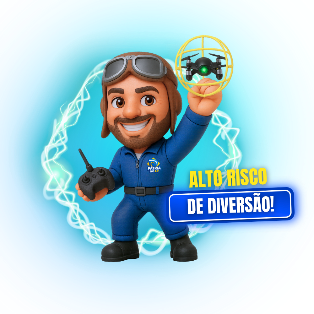 Mascote do Pátria no Ar segurando uma droneball amarela e um controle remoto, simbolizando o esporte Drone Soccer.